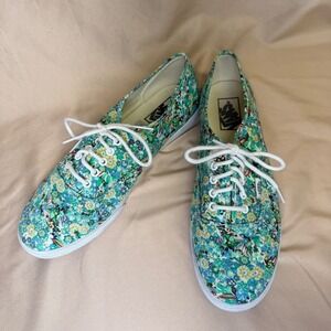 Vans Authentic Lo Pro Green Floral Print Canvas Sneakers Womens 10 Mens 8.5